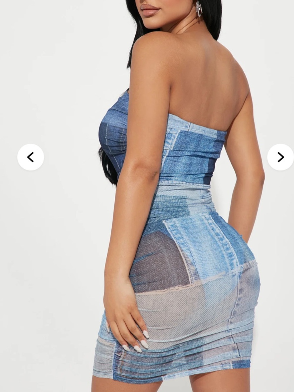 Denim Patchwork Strapless Mesh Mini Dress - Blue - Picture 3 of 6